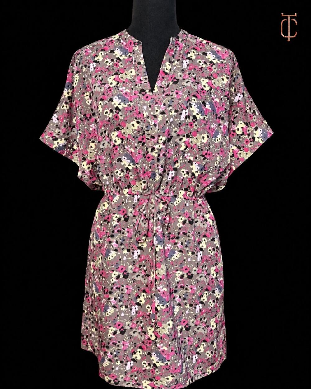 Vasia Women's Multicolor Floral Print Shirt Dress Tie Waist Short Sleeve Size XS